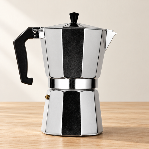 Cafetera moka clásica sobre una mesa minimalista